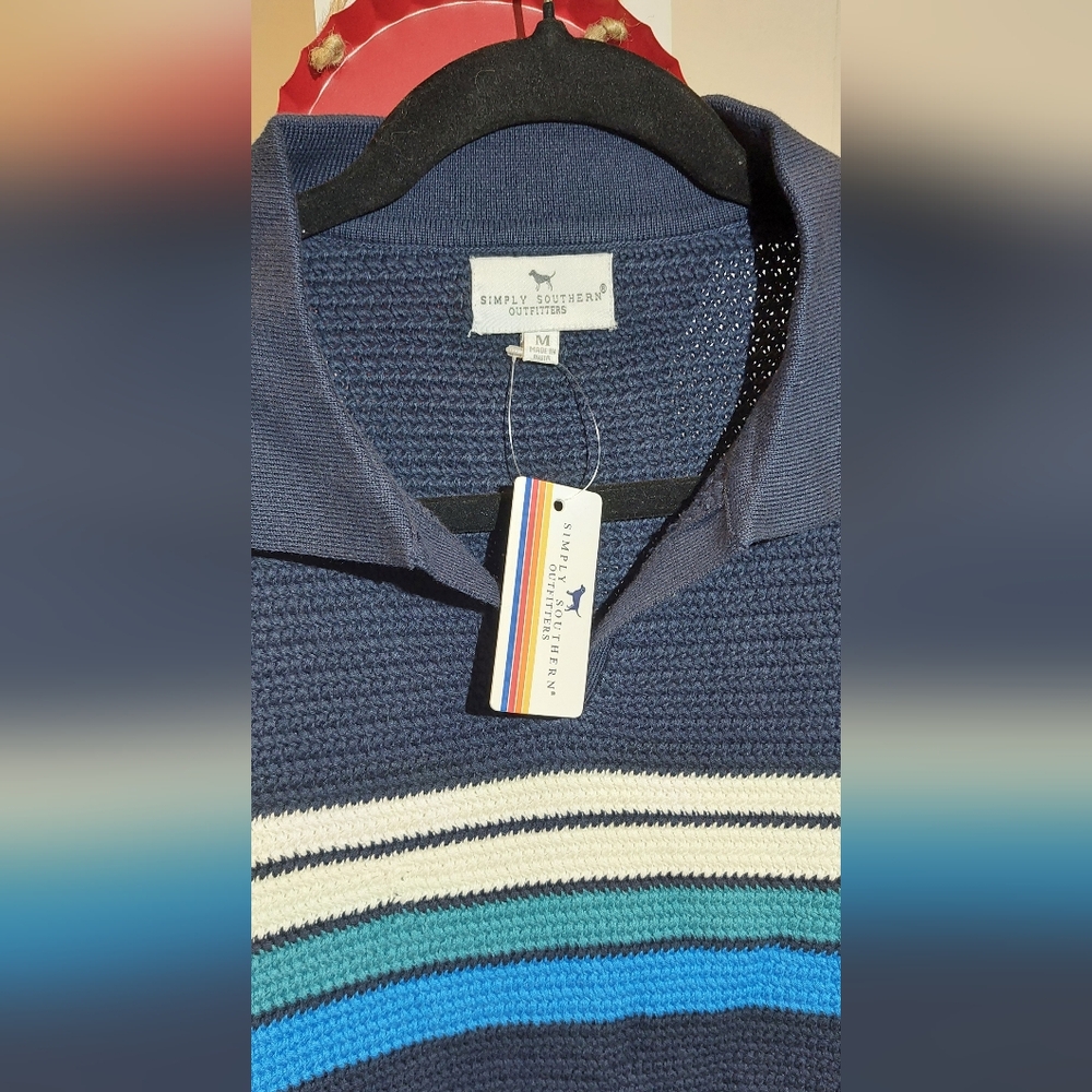 Simply Southern Navy Polo with White and Blue Stripes - Picture 2 of 11